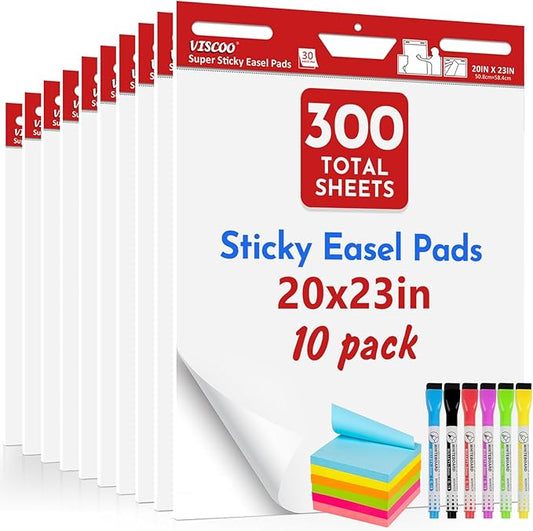 VISCOO Thickened Sticky Easel Pad, 20 x 23 Inches Large Chart Paper for Teachers, Self Stick Easel Paper for White Board, White Anchor Chart Paper, with Sticky Note, 300 Sheets/10 Pads