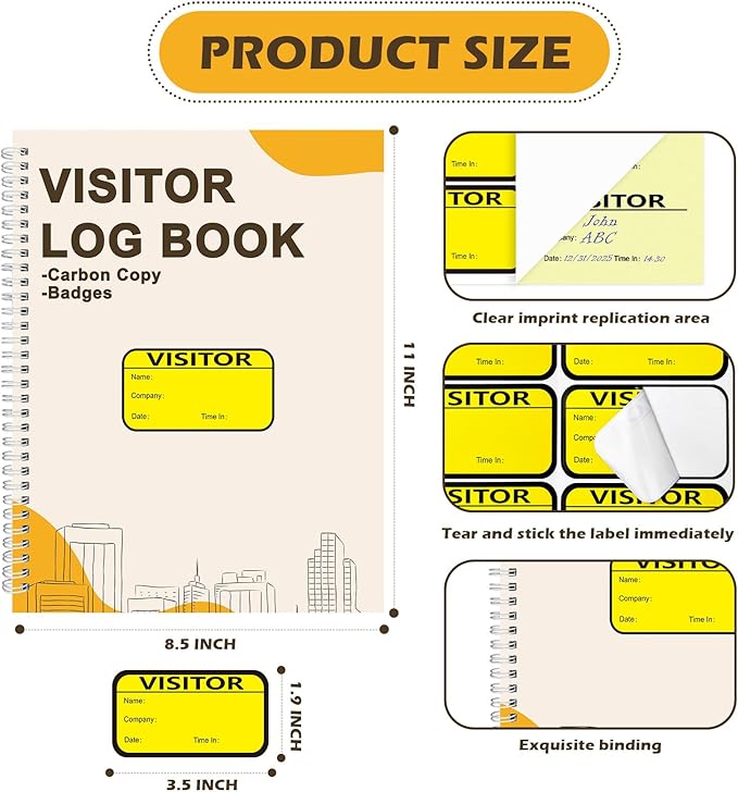 3 Pack Visitor Badges with Carbon Copy Visitor Stickers Letter Size Visitor Log Book Protecting Privacy Pages School Church Business Pass 450 Visitor Badges Guest Register Book 90 Memo Pages (3)