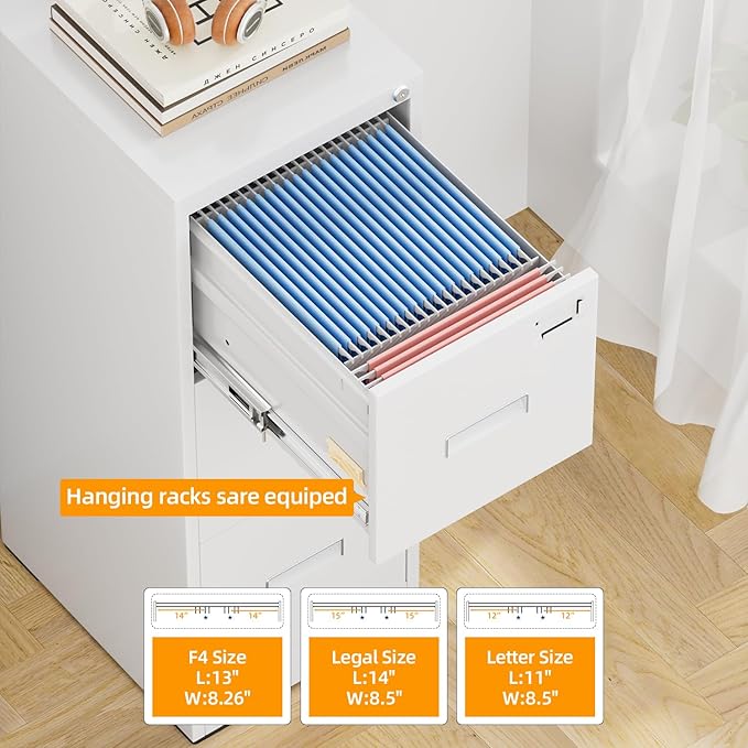INTERGREAT 3 Drawer File Cabinet, White Metal Filing Cabinet with Lock, Locking Tall File Cabinets with 4 Adjustable Hanging Frame for Home Office, Name Tag