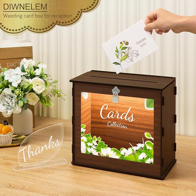 DIWNELEM Wooden Wedding Card Box with Lock&Light Large Letter Envelope Box Wedding Gift Card Box Money Box for Reception Baby Shower Birthday Party Graduation Decorations