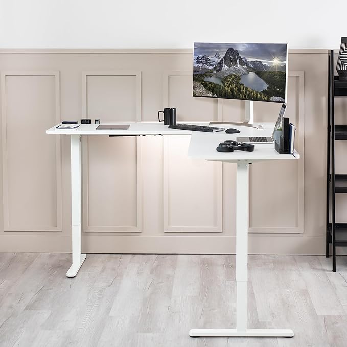 VIVO Electric Corner 75 x 63 inch L-Shaped Standing Desk, Memory Height Adjustment, White Top White Frame, DESK-E3CTW-75