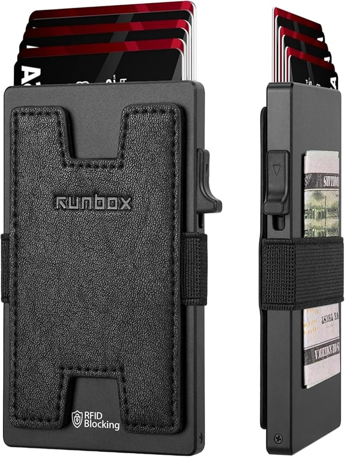 RUNBOX Slim Card Holder Wallet for Men, Minimalist RFID Blocking Wallet with Pop-Up Function, Ultra-Thin Design, Metal Business Card Cases holds 6+6 Cards, Gifts for Men, Men's Accessories