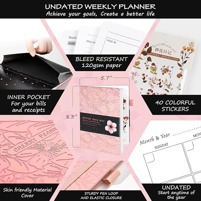 Undated Luxurious Weekly & Monthly Planner to Increase Productivity Hit Your Goals, Organizer Notebook Gratitude Journal Time Management Start Anytime, A5, Lasts 1 Year
