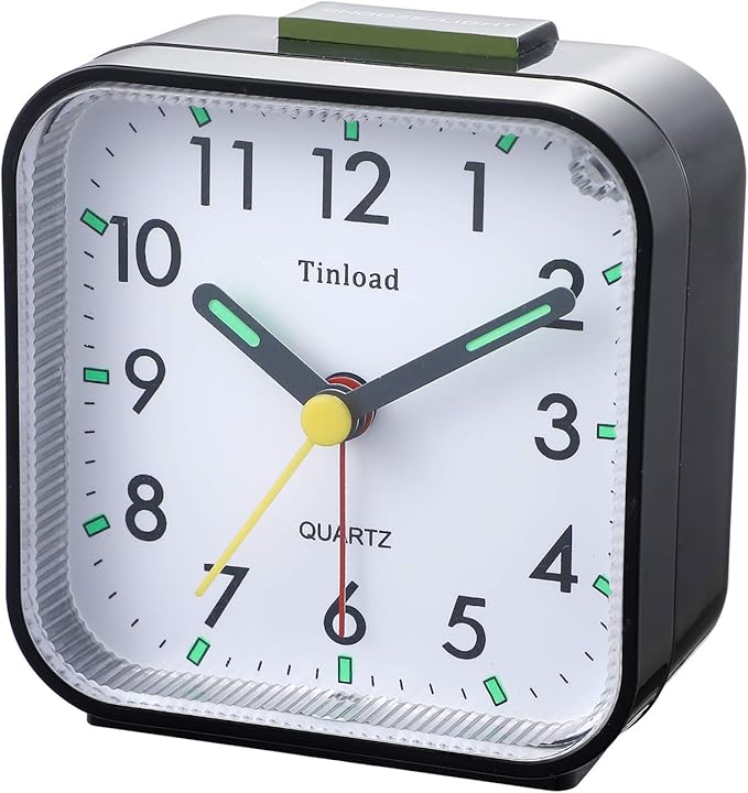 Tinload Small Battery Operated Analog Travel Alarm Clock Silent Non Ticking, Gentle Wake, Ascending Beep Sounds, Snooze,Lighted on Demand, Easy Set(Black)