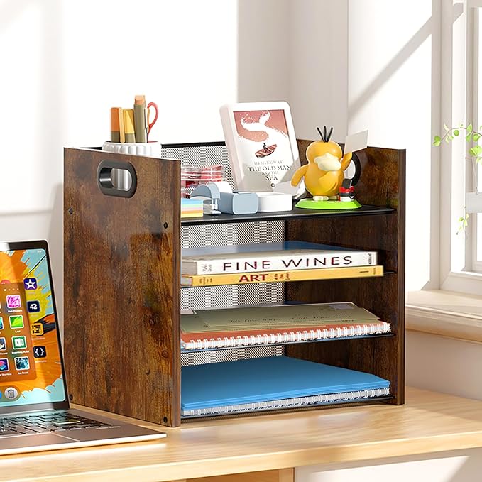 Boershun Wood Desk Organizer - 4-Tier Desktop File Organizer, Wooden Paper Organizer, Office Desk Organization for Accessories, Papers, Mail, Notebooks, Stationery