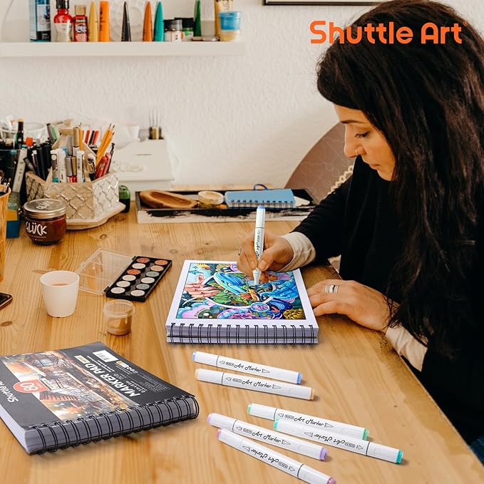 Shuttle Art Marker Pad, 8.3”x8.9” Portable Square Sketchbook, 80 Sheets Marker Drawing Paper, 110LB/180GSM Bleedproof Art Paper, Spiral-Bound, Great for Professional Artist to Draw, Paint & Sketch