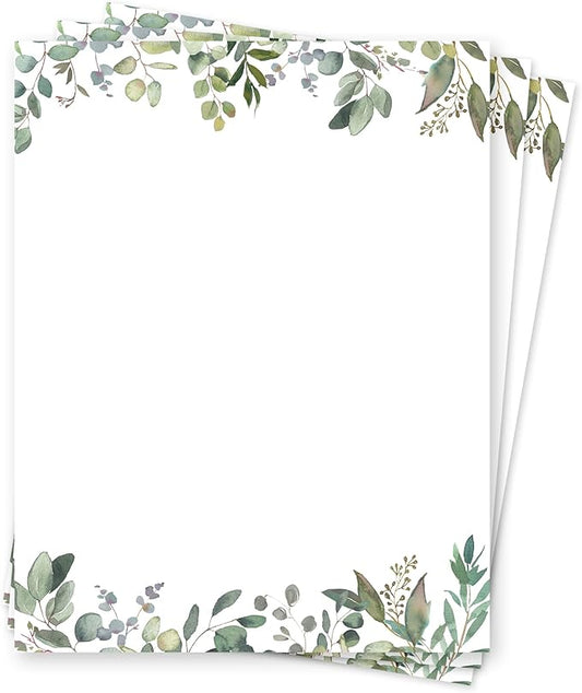 Leaf Theme Paper Stationery, Greenery Letterhead Paper 8.5 x 11 Inches, 50 Sheets, Elegant Writing Paper, Pretty Stationary Paper, Decorative Printer Paper