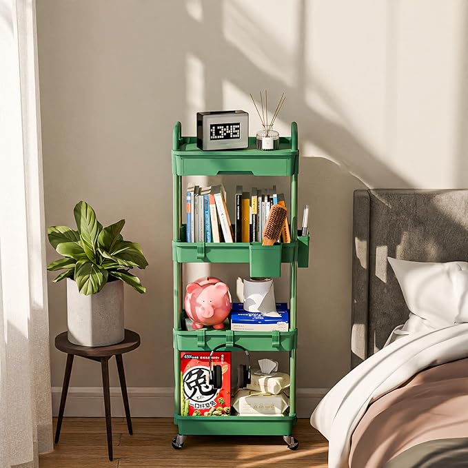 Sorgion 4 Tier Rolling Cart Organizer,Art Craft Diaper Bedside Snack Laundry Room Bathroom Organizer Narrow Thin Slim Rolling Trolley Utility Cart with Wheels for Kitchen,Office(Green)