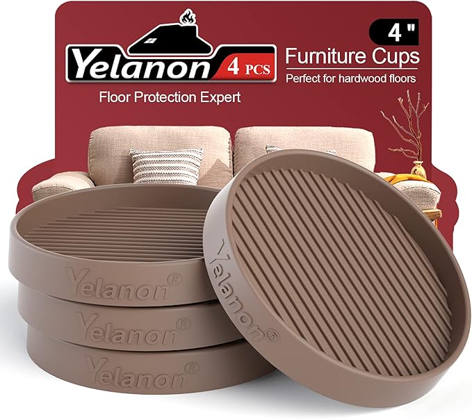 Furniture Coasters - 4 Pcs 4”Round Furniture Caster Cups - Non Slip Pads Hardwoods Floors Non Skid Furniture Grippers Rubber Furniture Feet - Anti Slide Floor Protector for Bed Couch Stoppers Brown