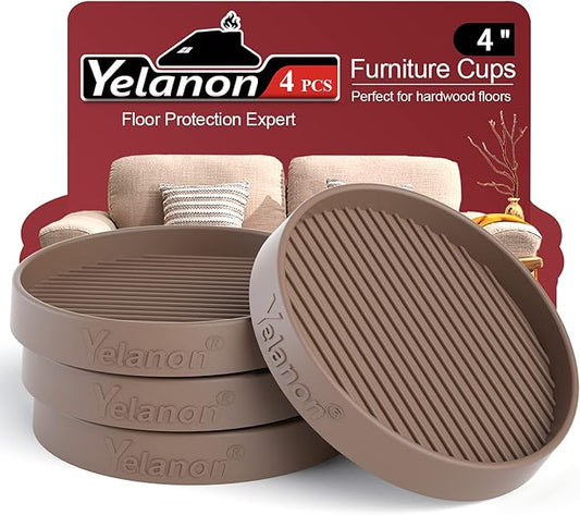 Furniture Coasters - 4 Pcs 4”Round Furniture Caster Cups - Non Slip Pads Hardwoods Floors Non Skid Furniture Grippers Rubber Furniture Feet - Anti Slide Floor Protector for Bed Couch Stoppers Brown