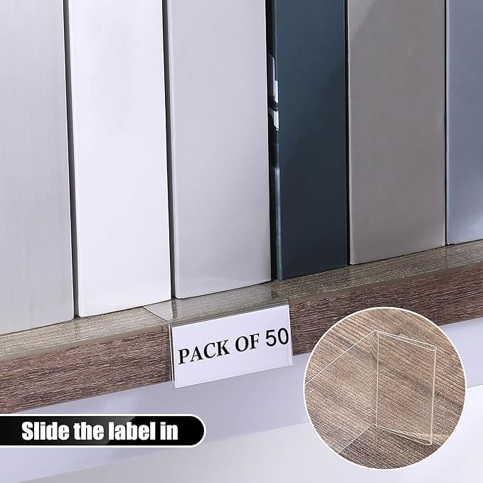 Containlol 50 Pcs Moveable Shelf Label Holders, Clear Bookshelf Label Library Shelf Markers Bookshelf Divider Tags for Library Office Classroom Home(6.5 x 2 x 1 Inch)