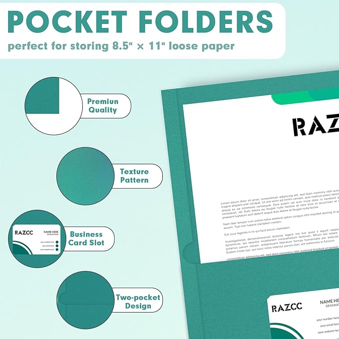 Two Pocket Folders, RAZCC 50 Pack 2 Pocket Folders Fit Letter Size Paper, Paper Folders with Pockets for School Office Business Home (Turquoise)