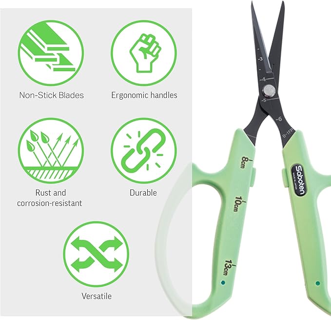 Saboten Fluorine Coated Straight Blade Trimming Scissors Green PT-1 160mm Precision Gardening Bonsai and Floral Shears Made in Japan