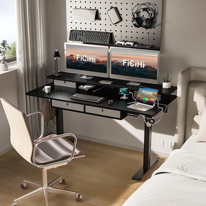 FiCiHi Adjustable Height Standing Desk with 4 Drawers,63 x 30 inches Electric Sit Stand Home Office Desk with Two Tiers, 3 Memory Presets, Monitor Stand Riser, USB A/C Charging Port