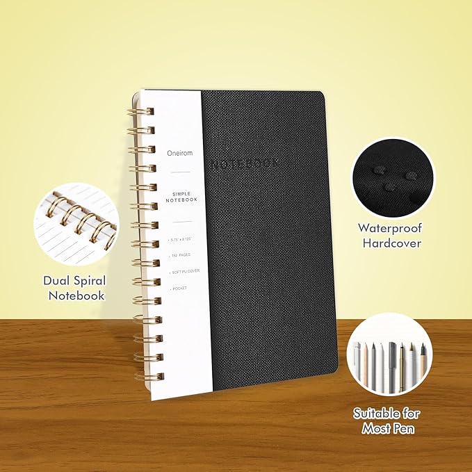 Spiral Notebook-5.75" x 8.125" College Ruled Journal with Inner Pockets and 160 Pages,PU Leather Cover Business Journal, Twin-Wire Binding Notebook Perfect for Office & Home School Supplies 3 pack Black