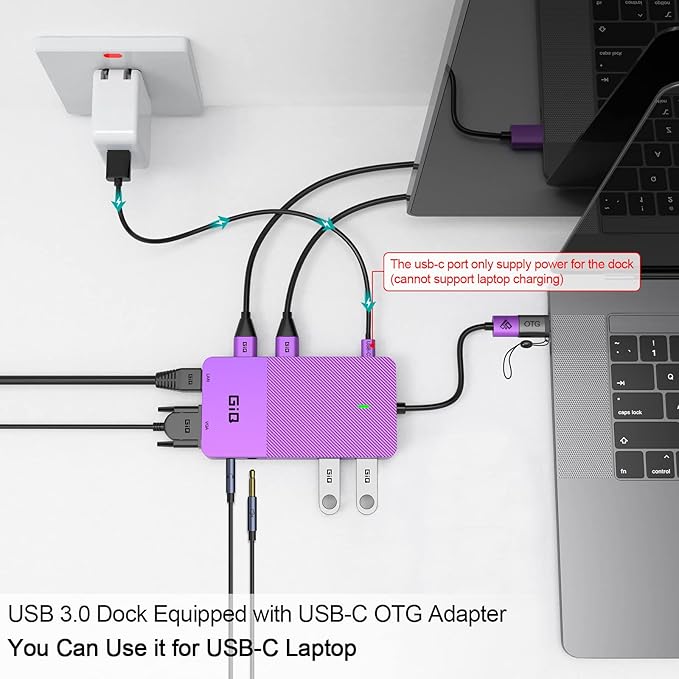 USB Docking Station GIQ USB C HUB USB 3.0 to Dual HDMI VGA Adapter Triple Display USB C Laptop Docking Station Dual Monitor HDMI Splitter Extender Compatible with MacBook M1 M2 USB Dock-Purple