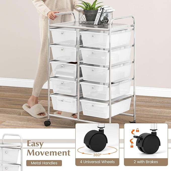 GOFLAME 10-Drawer Rolling Storage Cart, Art Craft Storage Organizer on Wheels, Multipurpose Movable Utility Cart for School, Office and Home, Clear