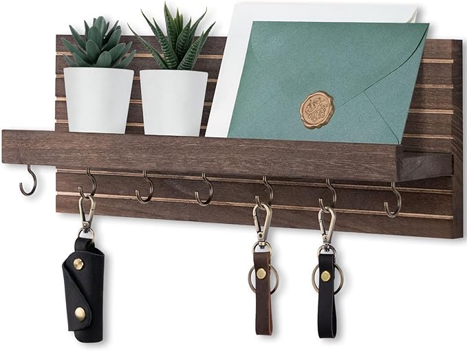Lwenki Decorative Key Holder for Wall with Shelf, Entryway Shelf with Hooks Holds Leashes, Jackets and Glasses – Sturdy Wood Keyholder Entrance Hanger with Mounting Hardware (Brown, Large)