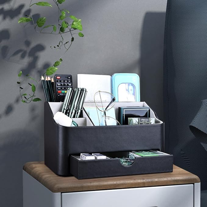 KINGFOM Desk Organizer with Drawer, Multifunction Pencil Holder for Desk, Desk Organizer and Accessories 5 Compartments for Home Office Supplies (Black)