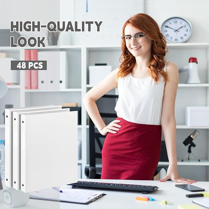 Henoyso 48 Pcs 3 Ring Binder 0.5 Inch Round Fits Letter Size 8.5'' x 11'' Paper Plastic Flexible Binder Bulk Holds 140 Sheets with 1 Pockets Versatile Organizer for Home Office School (White)