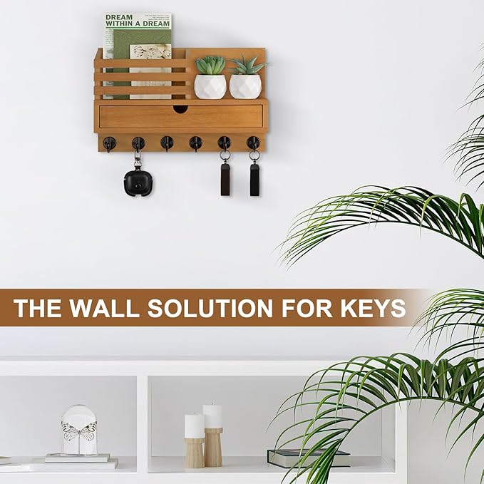Lucundm Key Holder Wall Mount, Mail Holder with Storage Drawer and 6 Key Hooks for Coat, Dog Leash, Home Decor Rack, House Accessories, Entry Way Organizer