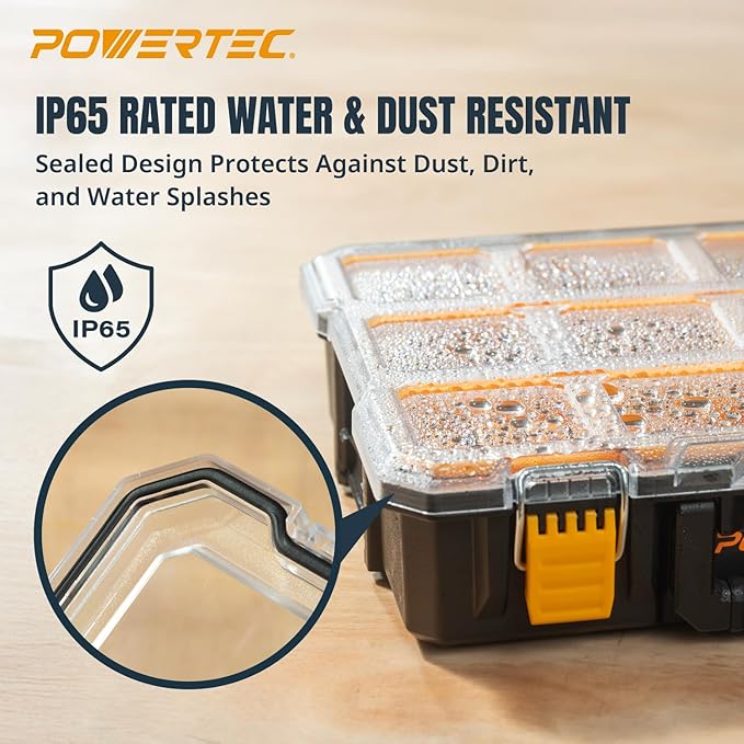 POWERTEC Small Parts Organizer & Tool Box – 10 Compartments, IP65 Water & Dust Protection, Stackable Storage with Interlocking Latch, Removable Tray, Clear Lid, Portable Design, 2-Pack (72365-P2)