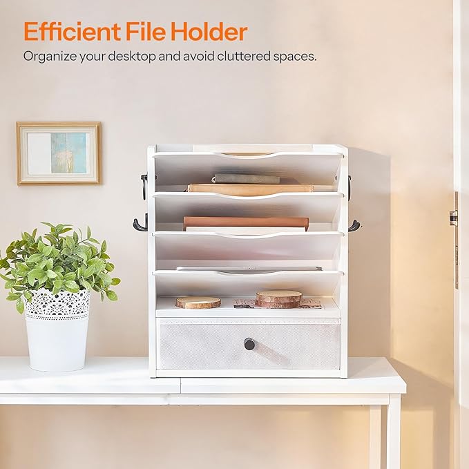 HOOBRO Wall File Organizer, Mail Organizer Wall Mounted, Wooden Literature Organizer, Construction Paper Organizer with Drawer Storage and 2 Hooks, for Office, Classroom, Home, White WT14WF01