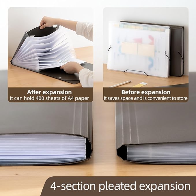 Expanding File Folder with Tabs, 13 Pockets File Organizer Accordion File Holder ，with Elastic Buckles Closure, A4 Paper Document Organizer for Home School Office (1, Black)