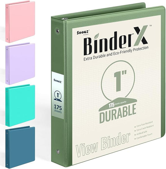 BinderX Extra Durable 3 Ring Binder, Round Rings 1 Inch Binder, Fits 175 Sheets of 8.5x11 Paper, Customizable View Cover with Inside Pockets, Cute 1" Binders, 1 Inch Binders 3 Ring, Olive Green