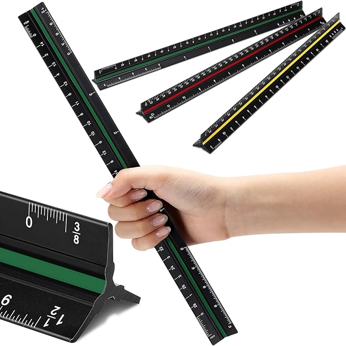 Macarrie 10 Pcs Architectural Scale Triangular Ruler 12" Architect Engineers Scale Ruler Set Aluminum Metal Ruler with Imperial Measurements for Architect Student Draftsman Engineer (3 Colors)