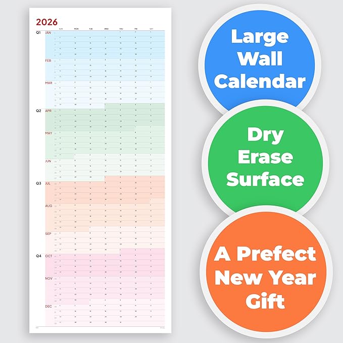Large Wall Calendar 2026 (39 x 17 inches - Rolled) Dry Erase Calendar for Wall, Erasable Wall Planner, Vertical Layout, Quality Large Print, Gloss Lamination, Special Continuous Design.