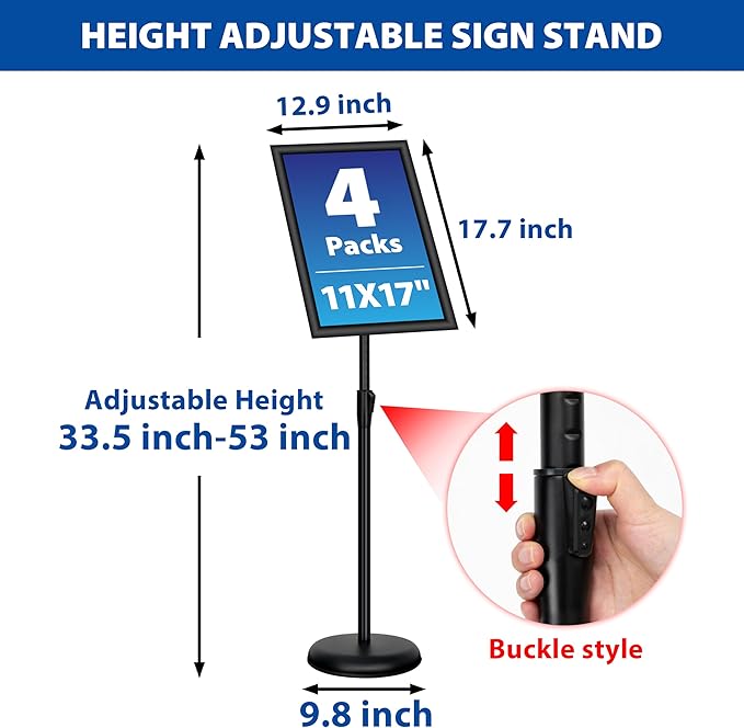 VAIIGO 4 Pack Sign Holder Stands - 11 x17 inch Standing Sign Stand, Adjustable Poster Sign Holder Pedestal Floor Sign Stand, Aluminum Snap Open Frame for Vertical & Horizontal View Sign Stand, Black