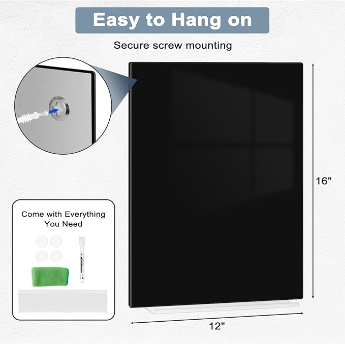 Magnetic Glass Whiteboard for Wall, 16" x 12" Glass Dry Erase Board, Large Frameless White Board for Home and Office - Black