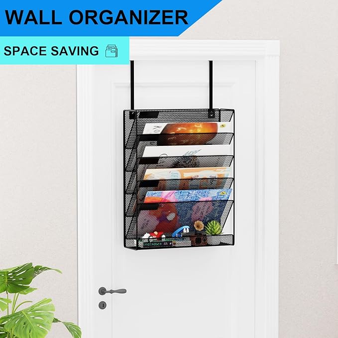GDINDINFAN 6-Tier Hanging File Organizer Office Cubicle Accessories for Work Organizer Wall Mount File Holder for Mails Folders Papers Magazine Organization, Black
