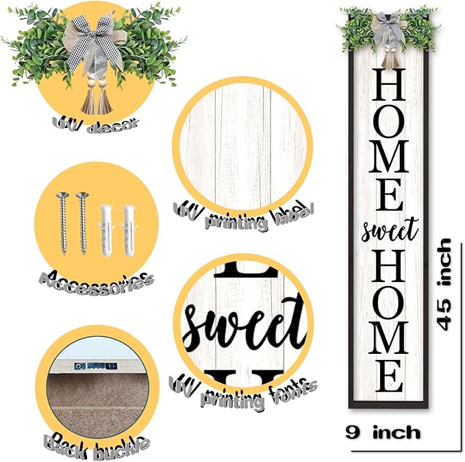 LuZhiQiang Welcome Sign for Front Porch Outdoor Home Sweet Home, 45"X9" For Large Front Door Wreath Standing Wooden Frame Tall Vertical Leaner Long Signs, Rustic Outside Farmhouse Garden Patio Decor (Black?
