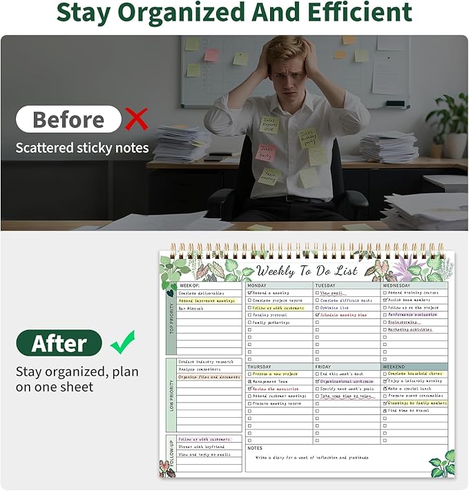 104 Pgs Weekly To Do List Notepad, 52 Duplex-Printed Undated Sheets 100 GSM（8.5"×11") Weekly Desk Planner For Work Home School Office Desk Accessories Supplies & Goal Setting Tasks - Green Foliage