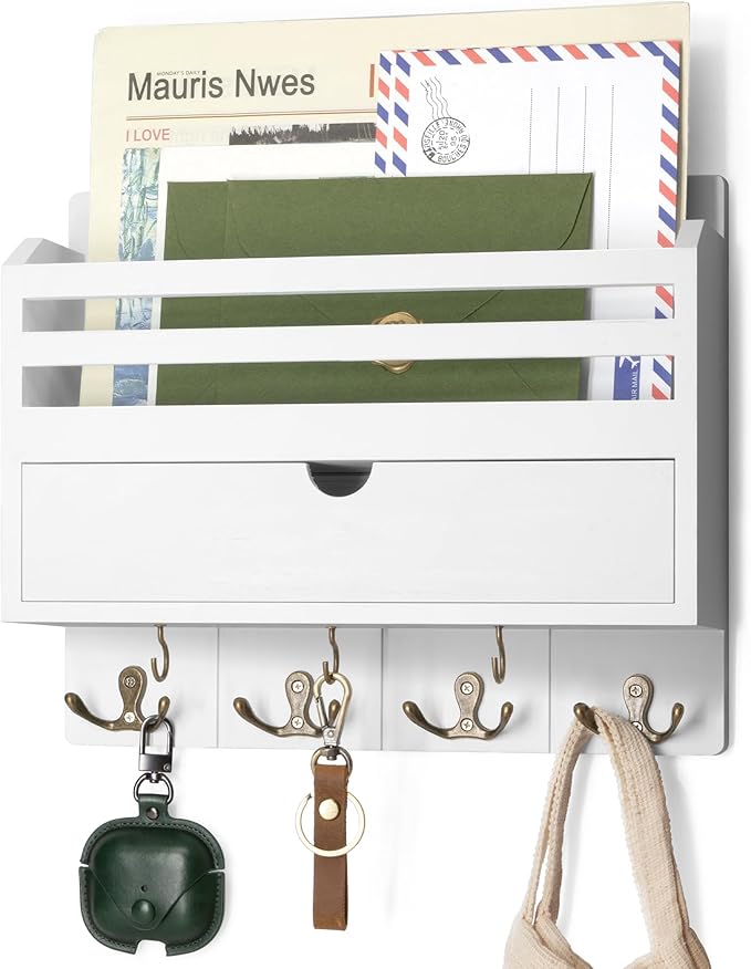 Rebee Vision Decorative Mail Organizer Wall Mount - Modern Key and Mail Holder for Wall with Drawer Organizer and 7 Key Hooks - Wall Decor Living Room for Apartment Essentials (White)