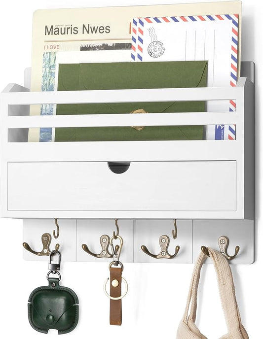 Rebee Vision Decorative Mail Organizer Wall Mount - Modern Key and Mail Holder for Wall with Drawer Organizer and 7 Key Hooks - Wall Decor Living Room for Apartment Essentials (White)