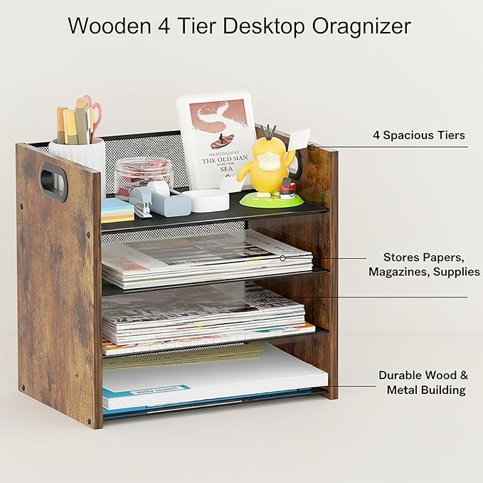 Boershun Wood Desk Organizer - 4-Tier Desktop File Organizer, Wooden Paper Organizer, Office Desk Organization for Accessories, Papers, Mail, Notebooks, Stationery