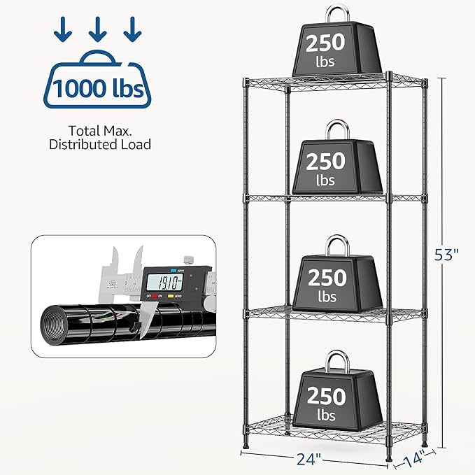 M MZG 1000 lbs 4Tier Shelf Metal Storage Shelves Wire Rack Closet Organizers with Wheel for Garage Kitchen Bathroom Laundry Black 13.7" D x 23.6" W x 53.4" H