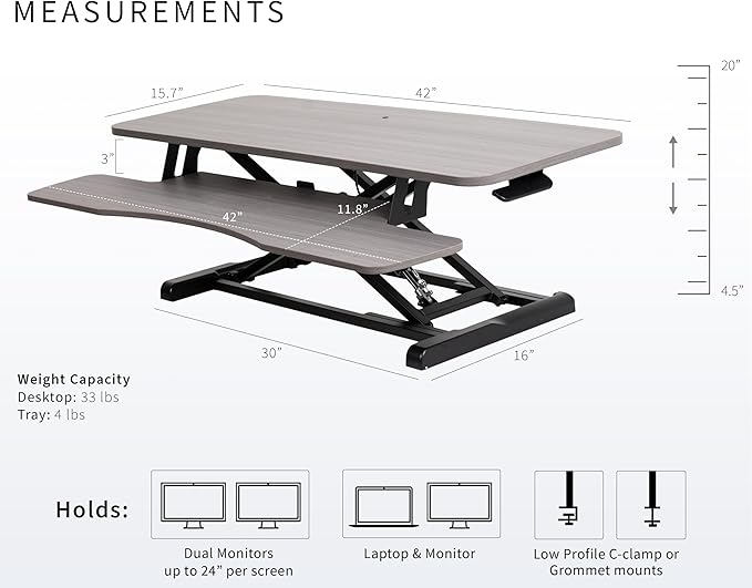 VIVO 42 inch Desk Converter, K Series, Height Adjustable Sit to Stand Riser, Dual Monitor and Laptop Workstation with Wide Keyboard Tray, Gray Top, Black Frame, DESK-V042KG