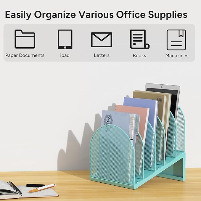 OUTIOE 5-Section Desk File Organizer, Metal Mesh Folder Organizer for Documents, Mail & Office Papers (Blue)