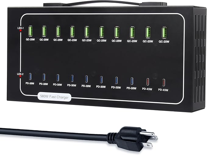 580W USB Charging Station, 20 Port Fast Charging Station for Multiple Devices, Dual PD 45W USB C Charger Block, Smart Power Delivery & Multi Protection for Laptop MacBook iPhone, iPad, Tablet