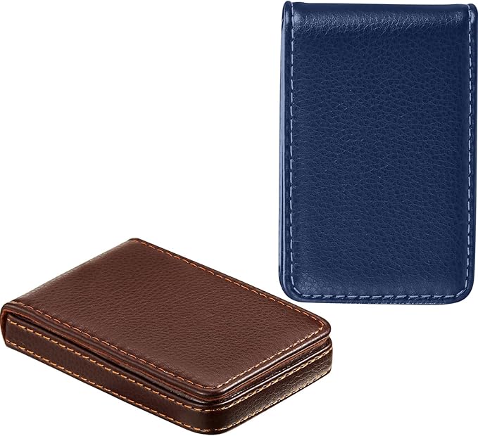 Outus 2 Pieces Business Card Holder, PU Leather Business Card Case Pocket Wallet with Magnetic Shut for Valentines Gift Men Women(Coffee and Blue,Classic)