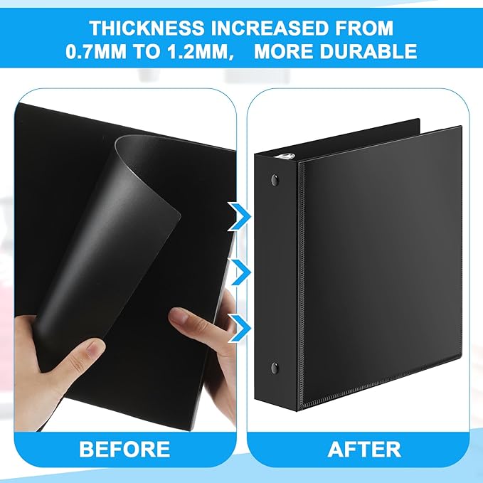 Henoyso 12 Pcs 3 Ring 2 Inch Binders Fits 8.5 x 11 Inch Letter Size Paper, Plastic Black Flexible Binders with View Cover and 2 Pockets, 375 Sheets Capacity for Office School