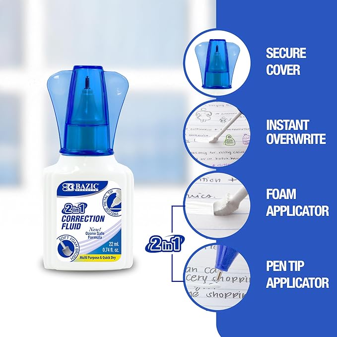 BAZIC Products Correction Liquid 2 in 1 (0.74 oz / 22 ml), Foam Brush & Precise Metal Tip Applicator, Instant Corrections Pen White Out Wipe Out Fluid, 2-Pack