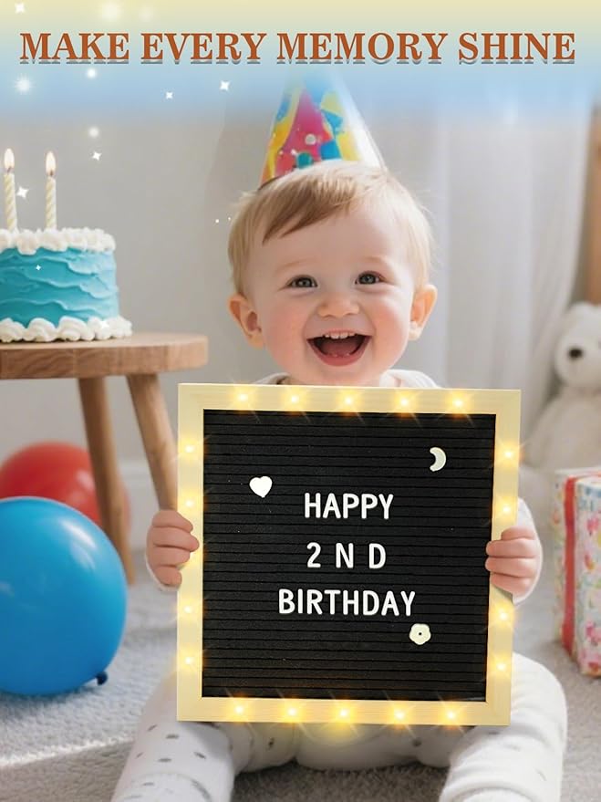 Changeable Felt Letter Board with LED Lights - 10×10" Message Custom Signs & Wood Stand & 450 Letters, Poster Board for Valentine's Day/Baby/Pregnancy Announcement/Classroom Wall Decor Gifts, Black