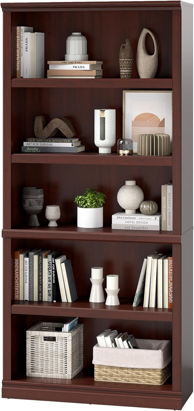 blini 5-Shelf Tall Bookcase Wooden Bookshelves 33in Wide Floor Standing Display Storage Shelves Mahogany Bookcase for Home Office, Living Room, Bed Room