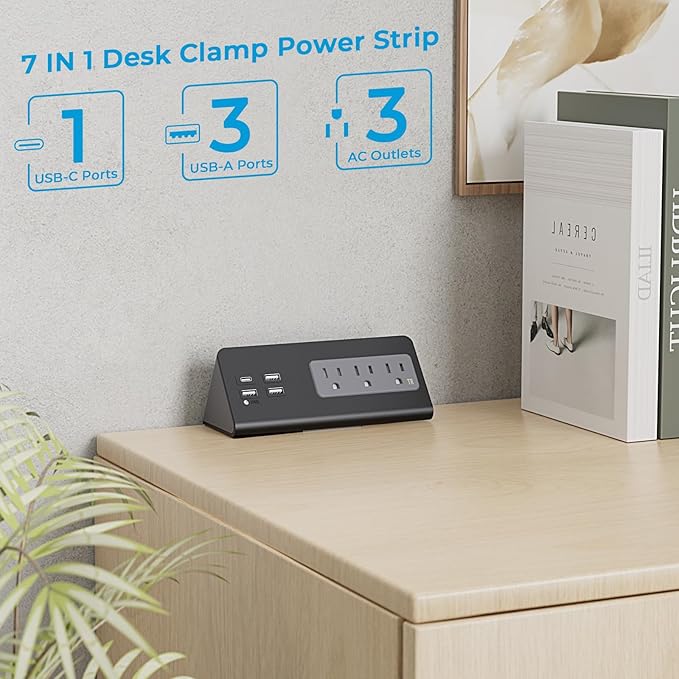Nightstand Charging Station, Nightstand Edge Power Strip with 3 AC Outlets, 4 Fast Charging USB Ports, Connect 6.56FT Flat Plug, Desk Surge Protector for Office Home Hotel, 2-Pack(Black)