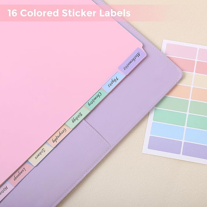 SKYDUE Durable Plastic 8-Tab Dividers, 3sets, Big Tab Dividers for 3 Ring Binder, Write&Erase 3 Ring Binder Dividers with Tabs,with Sticker Labels, Pink